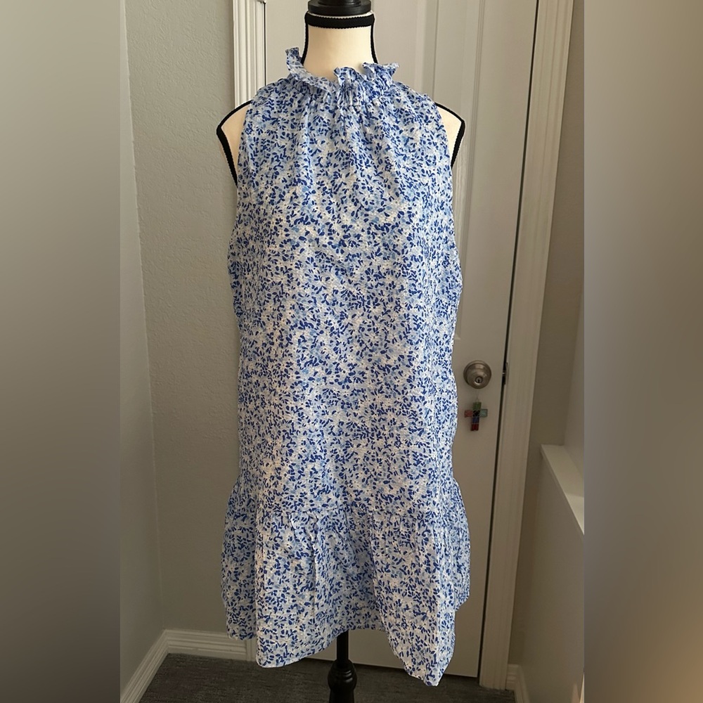 THML Sleeveless Blue & White Floral Drop Waist Ruffle Neck Dress Size Small EUC